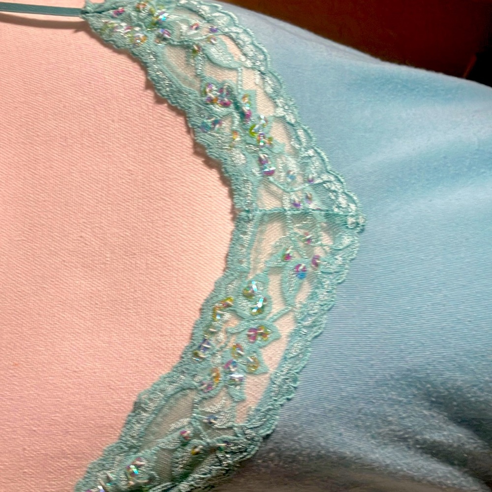 🩵🤍Vol.1 Lt Aqua Blue Stretchy Cotton Spandex Long Tank W/Lace & Sequins Sz XL - Picture 7 of 7